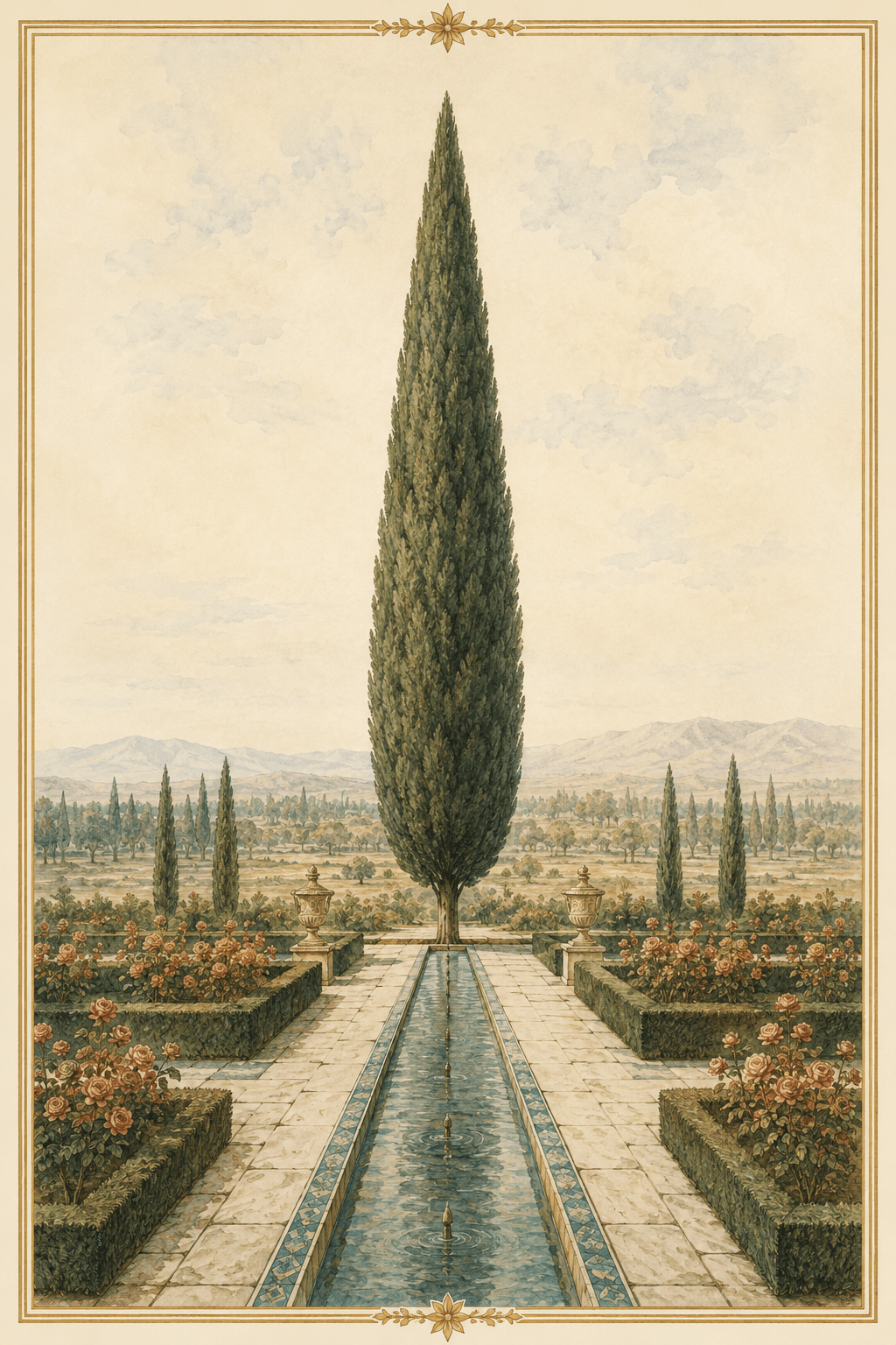 Cypress 01, a Persian cypress reduced to line and green faience